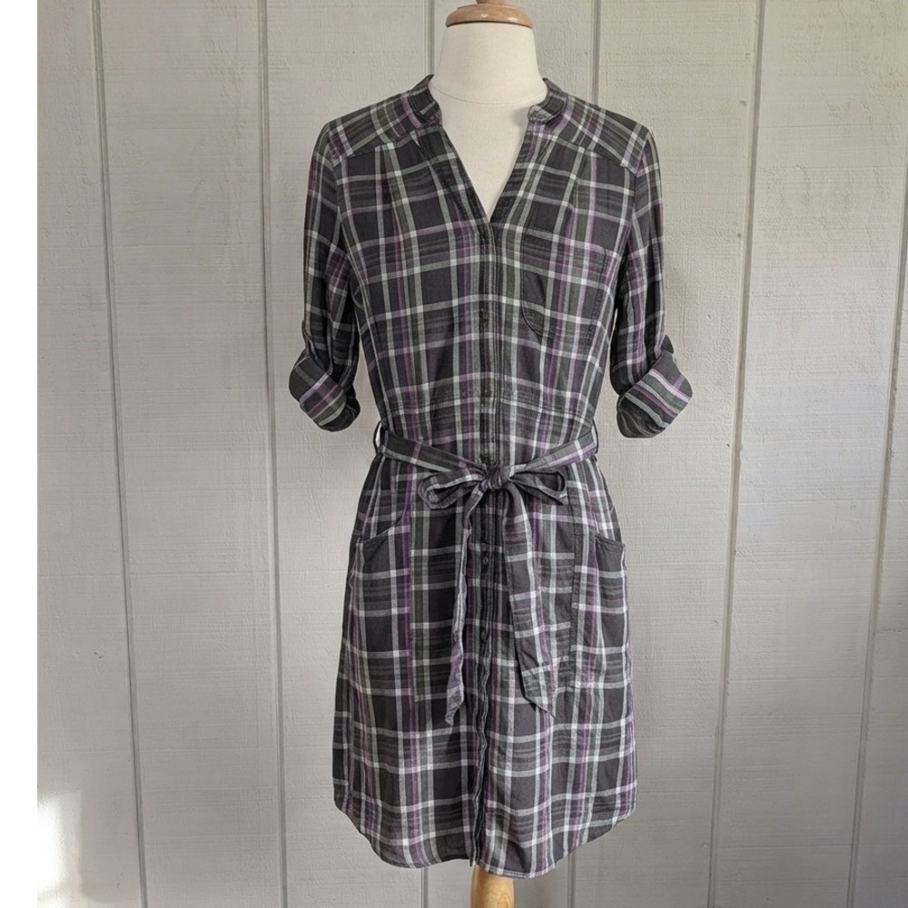 Carve Designs Plaid Shirt Dress Brown Purple Roll Tab Sleeve Pockets Womens L